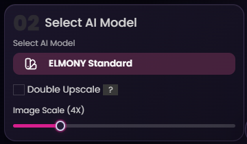 Step 2 of Elmony Upscale showing AI model and scale controls.