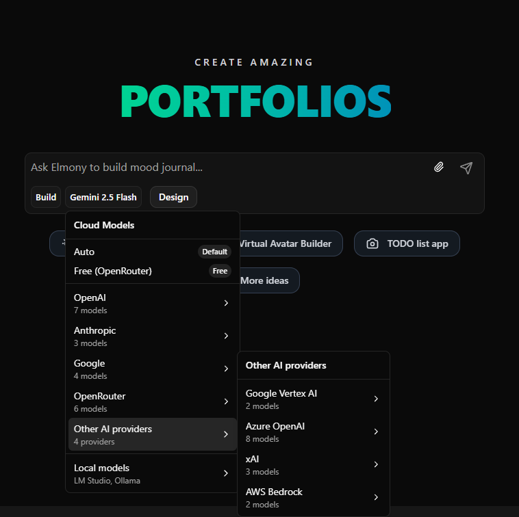 Free and premium AI model options including OpenRouter, Gemini, and local model support