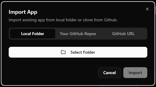 Import app dialog showing local folder and GitHub options