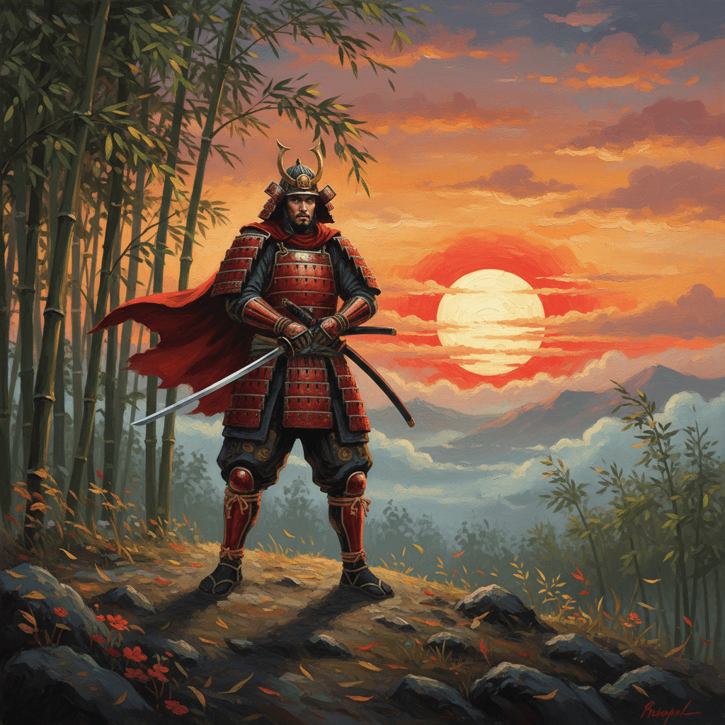 Japanese warrior on a hilltop with bamboo forest and a red rising sun in oil painting style